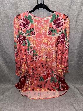Umgee Women's Mixed Floral and Animal Print Boho Tunic Dress with Crochet Trim